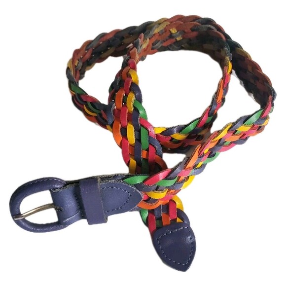 Vtg Braided Leather Belt M-L up to 37" Multicolor Rainbow Resort Tropical Wear - Picture 6 of 7